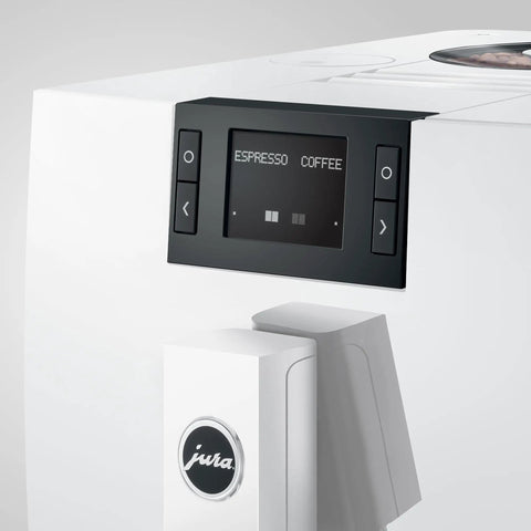 Piano White Super Automatic Coffee Machine With Pro Aroma Grinder And Pulse Extraction Tech For Straight Barista Quality Crema hassle free dual cup setup with control panel.