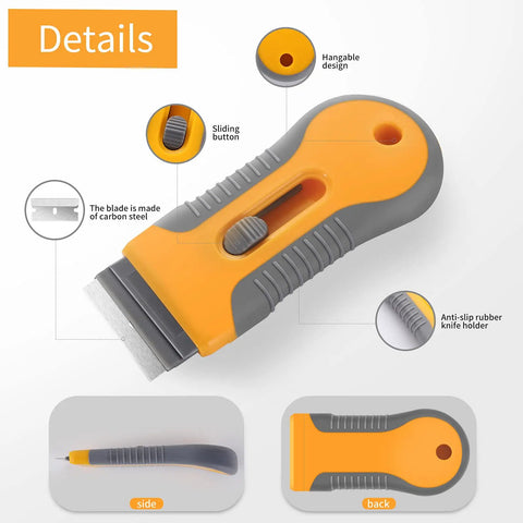 Retractable Glass Scraper Kit with 1 Pack Plastic Handle and 20 Extra Razor Blades, ergonomic handle, detailed view, sliding button