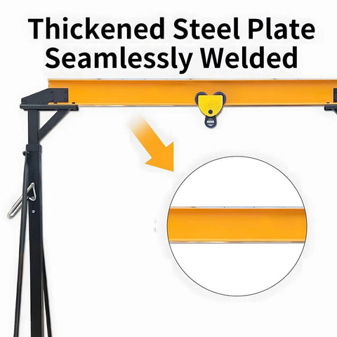 Portable Gantry Crane Boasting A Legit 4400 Lbs Lift Capacity And Fully Adjustable Height From 78 To 118 Inches Cast In A Beefy Steel Body, showcasing thickened steel plate and seamless welding.