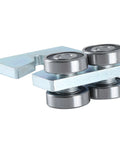4 Wheel Trolley Assembly Rollers for Strut Channel, 1-5/8 Inch Wide, rubber sealed bearings, galvanized metal, side view