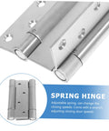 Pair of stainless steel double-action spring door hinges with mounting holes; self-closing, high load capacity.