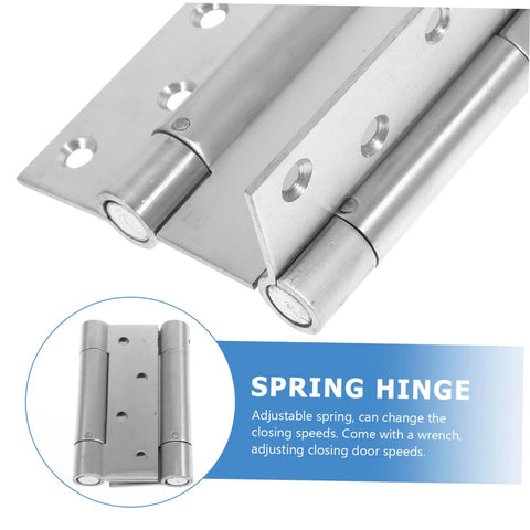 Pair of stainless steel double-action spring door hinges with mounting holes; self-closing, high load capacity.