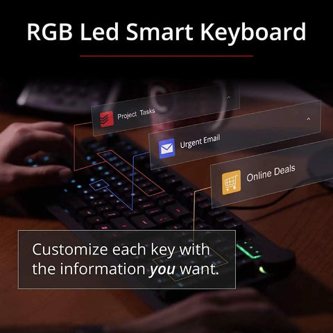 Hands typing on Next Level Smart RGB Mechanical Keyboard With Programmable Keys And Killer Typing Flow For Work And Gaming Featuring Color Alert Display On Keys Aluminum Top Deck Volume Knob And Cozy Palm Rest In Black.