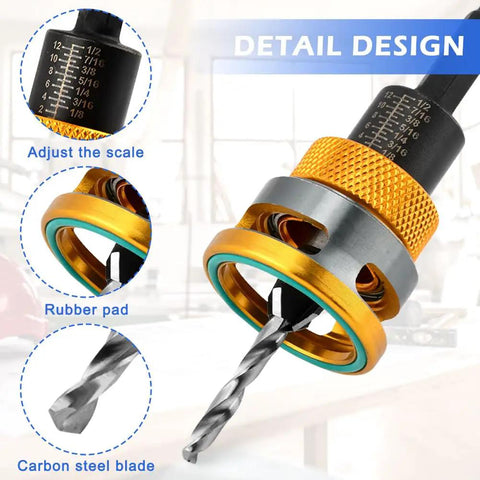 Detail of Built Tough Countersink Drill Bit Set With Adjustable Depth Stop, carbon steel blade and rubber pad for woodworking.
