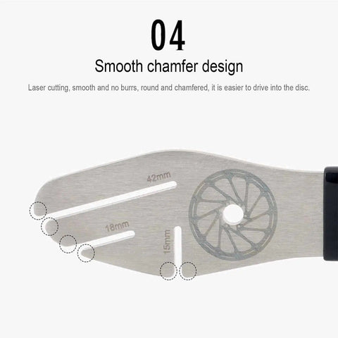 Bike Disc Brake Truing Fork And Alignment Tool Set With Pad Gap Regulator showing 3 slot depths 15mm, 18mm, 42mm