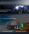 Rock Solid Mini Industrial Gigabit Ethernet Switch With Din Rail Mount And Fiber Optic Converter Screaming Fast Copper To Fiber Link Built Like A Tank with lightning protection.