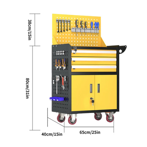 High Capacity 3 Drawer Rolling Tool Chest With Lock, 4 Wheel Mobile Tool Box For Garage And Workshop, Heavy Duty Workhorse Tool Storage Cabinet In Yellow, Great For Home Garages, Shops, Or Warehouses, Sturdy Steel Build, 25x15x31 in