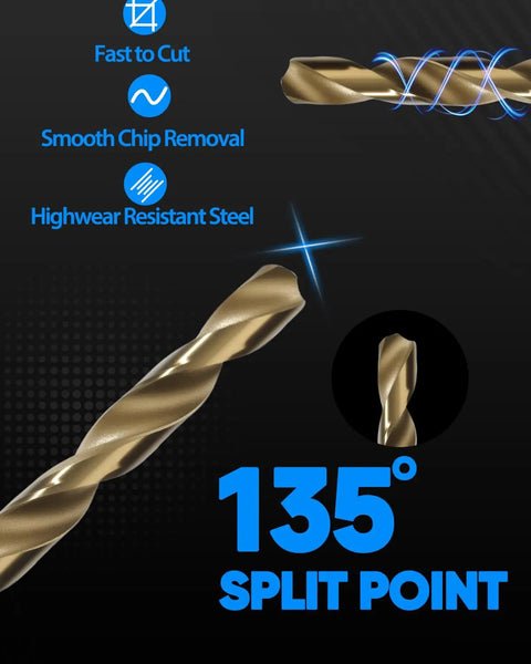 Solid Heavy Duty HSS Micro Drill Bit Set With Titanium Coating For Precision Machining On Metal Wood And Plastic Features Split Point Design To Stop Walking And Ensure Smooth Professional Grade Holes Every Single Time. 135° split point titanium HSS drill bit