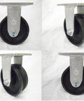 Rigid caster with 5x2 inch iron-steel wheel, 7/8 inch V-groove, mounted on a metal bracket; black wheel.