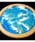 Acacia Lazy Susan With Blue Resin Art, 10 Inch Turntable for kitchen cabinets, pantry or table organization, modern rustic decor.