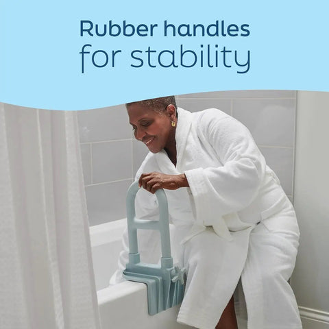 Heavy Duty Clamp On Bathtub Grab Bar Featuring Snap Fit Solid Steel Mounting Design Built To Lock Onto Standard Tub Edges Measuring 2.75 To 6.25 Inches For Reliable Everyday Bathroom Safety with rubber handles for stability.