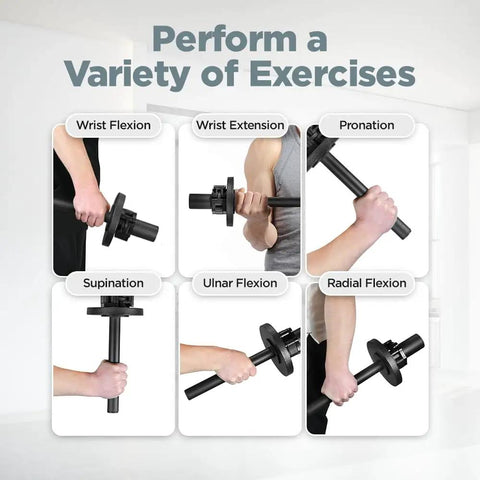 Exercises using Wrist And Forearm Strength Trainer With Optional 1 Inch Standard Or 2 Inch Olympic Plates And Collar