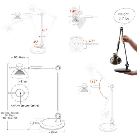 Diagrams showing angles and dimensions of LED Desk Lamp With Metal Swing Arm, 1500 Lumens, Gesture Control, 5.7 lbs weight