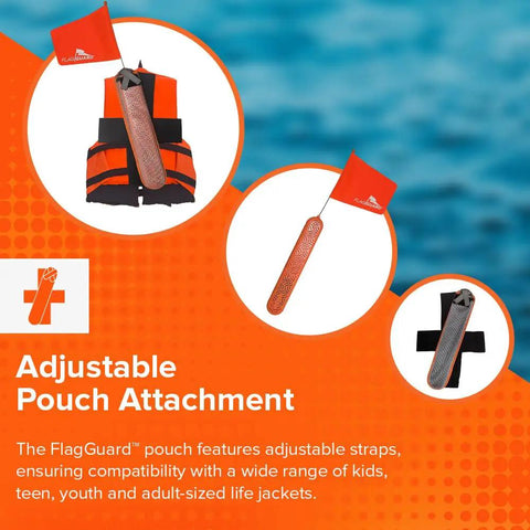 Bright Orange Life Jacket Safety Flag With Adjustable Pouch And Universal Straps, Kid Friendly Water Safety Device