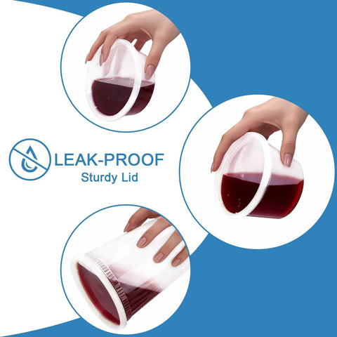 Image showing hands securely holding and tilting bulk 60 pack deli containers with lids 8 16 32 oz BPA free airtight leakproof.