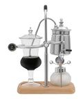 Slick Vintage Balance Syphon Coffee Maker Set Featuring Heavy Duty Stainless Steel And Borosilicate Glass Vacuum Brewing System on wooden base.