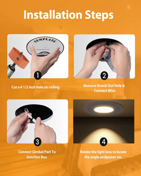 Installation steps for Gimbal LED Recessed Light 4 Inch Black 9W Adjustable Eyeball. Cut hole, connect wiring, adjust lens.