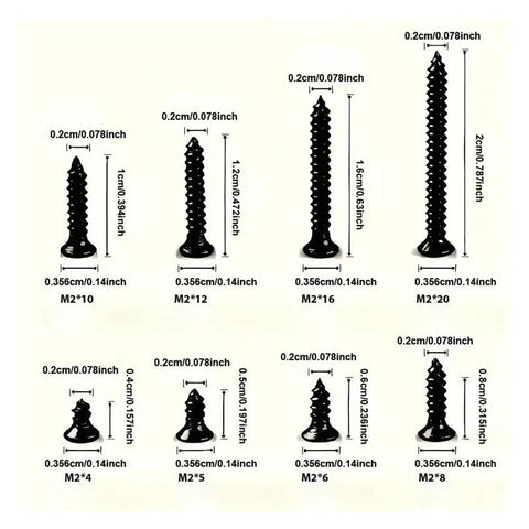 Sizes and measurements of the 400 Pcs M2 Pan Head Wood Screws Self Tapping Set for Woodworking and Furniture Repair