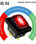 Heavy Duty 30A IP65 Waterproof Toggle Rocker Switch 12-24V LED On Off DPST Snap-In Mount, red on-off indicator, detailed view