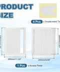 Dead Simple 12 By 10 Inch Drywall Access Panel With Rock Solid Adhesive Tape Clean White ABS Plastic Repair Hatch showing dimensions and double-sided tape.
