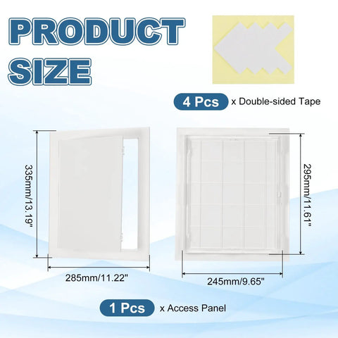 Dead Simple 12 By 10 Inch Drywall Access Panel With Rock Solid Adhesive Tape Clean White ABS Plastic Repair Hatch showing dimensions and double-sided tape.