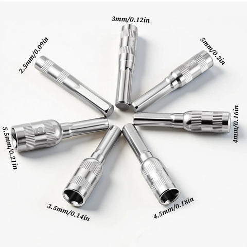 7 Piece Hex Socket Adapter Set With H4 Shank Metric Micro Socket Sizes 2.5mm Through 5.5mm arranged in a circle view.