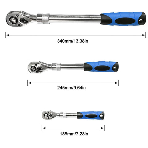 Extendable Ratchet Set With 1/4 Inch 3/8 Inch And 1/2 Inch Drive Sockets, 72-Tooth Quick Release Reversible CR-V Gear, Heavy Duty Torque Spanner Hand Tools With Soft Grip Ergonomic Handles