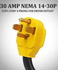 Close-up of 30 Amp NEMA 14-30P plug, 4-prong yellow head for dryer outlet, part of the 30 Amp Dryer To 50 Amp EV Charger Adapter Cord For Home Charging 14 30P To 14 50R Conversion For Tesla RV And Other EVs Heavy Duty 10 AWG Copper Cord With Flame Resistant Jacket Safe Easy Plug And Play No Frills.