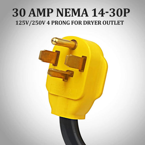 Close-up of 30 Amp NEMA 14-30P plug, 4-prong yellow head for dryer outlet, part of the 30 Amp Dryer To 50 Amp EV Charger Adapter Cord For Home Charging 14 30P To 14 50R Conversion For Tesla RV And Other EVs Heavy Duty 10 AWG Copper Cord With Flame Resistant Jacket Safe Easy Plug And Play No Frills.