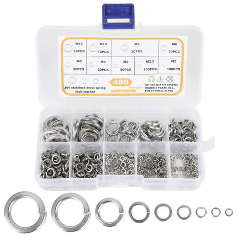480 Piece Spring Lock Washer Kit In 304 Stainless Steel Nine Size Set From M2 To M12 With Labeled Storage Case
