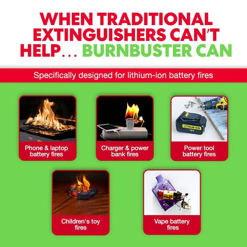 Infographic showing various battery fires for Lithium Ion Battery Fire Gel 1 Pack For Electronics, Fast Acting Suppression Of Thermal Runaway.