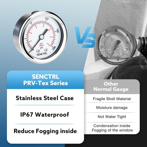 200 Psi Two Inch Dial Pressure Gauge With 1/4 NPT Back Mount Stainless Steel Case IP67 Waterproof Brass And Stainless Wetted Parts