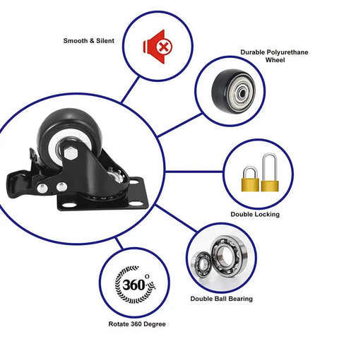 Diagram highlighting features of Beefed Up Heavy Duty 2 Inch Caster Wheels With Brakes 360 Degree Swivel Locking Casters No Noise Polyurethane Wheels 4 Pack Black Ideal For Moving Carts Dollies Workbenches And More In Industrial Garages