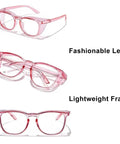2 Pack Woman Safety Glasses Stand Guard Against Dust And Blue Light With Anti Fog Side Shields Pink Clear Frames, three styles displayed.
