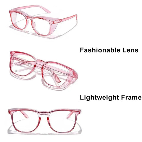 2 Pack Woman Safety Glasses Stand Guard Against Dust And Blue Light With Anti Fog Side Shields Pink Clear Frames, three styles displayed.