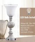 Set Of 2 Rustic Resin Glass Shade Table Lamps For Bedroom And Living Room 3 Way Dimmable Touch Bedside Lamps Washed White Finish showing a single lamp with LED bulb details