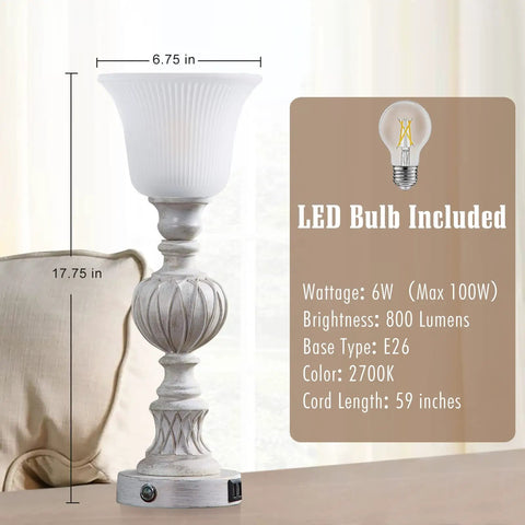Set Of 2 Rustic Resin Glass Shade Table Lamps For Bedroom And Living Room 3 Way Dimmable Touch Bedside Lamps Washed White Finish showing a single lamp with LED bulb details