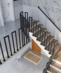 Slick Matte Black U Shaped Stair Handrails Set Of Two Built Tough For Indoor Outdoor Use Industrial Wrought Iron Wall Mount Safety Grab Bar in staircase view.