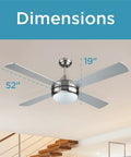 52 Inch Ceiling Fan With Brushed Nickel Body And Silver Blades, dimensions displayed, mounted in a modern living room space, quiet motor.