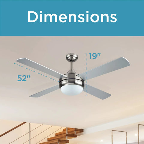 52 Inch Ceiling Fan With Brushed Nickel Body And Silver Blades, dimensions displayed, mounted in a modern living room space, quiet motor.