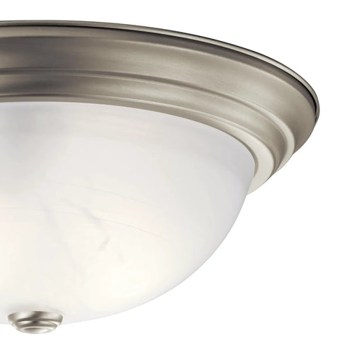 Side view of Three Light Flush Mount Ceiling Light in Brushed Nickel With Clear Satin Etched Glass, 15.25 Inch Wide, elegant design.