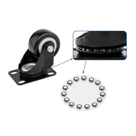 Side view of ULIFESTAR 1.5-inch black polyurethane swivel caster with top plate; close-up shows ball bearings