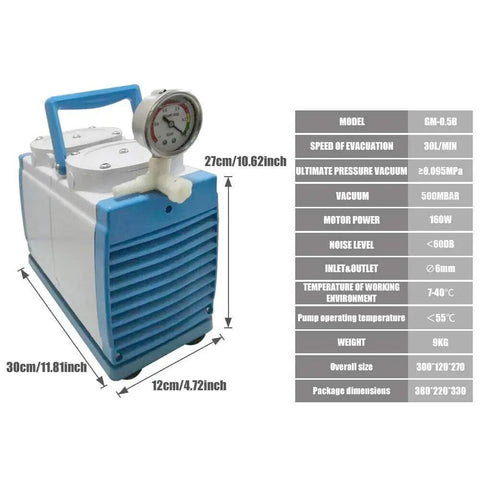 Oil Free Diaphragm Vacuum Pump 30 Lpm Ethanol Resistant High Vacuum Oilless Pump 500 Mbar 0.095 MPa Ultimate Pressure 160W Motor Auto Shutoff