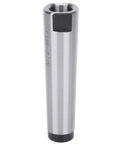 Front view of Pilipane MT2 to MT1 Morse taper adapter, silver metal drill sleeve with black end caps