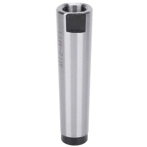 Front view of Pilipane MT2 to MT1 Morse taper adapter, silver metal drill sleeve with black end caps