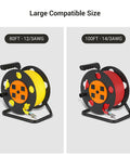 Heavy Duty Open Cord Reel With Four Grounded Outlets, Hand Wind Retractable Power Cord Organizer, orange, two sizes shown