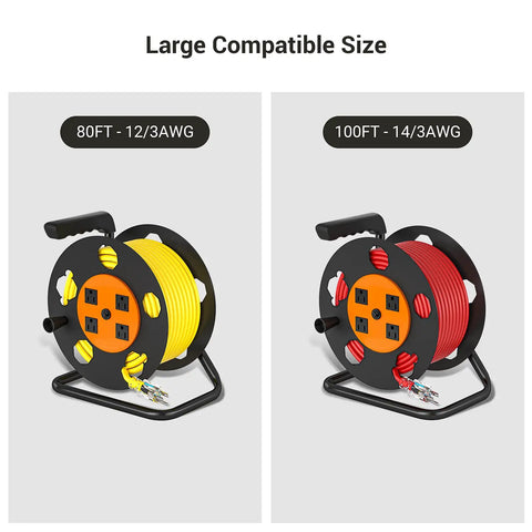 Heavy Duty Open Cord Reel With Four Grounded Outlets, Hand Wind Retractable Power Cord Organizer, orange, two sizes shown
