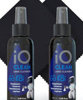 Front view of two io CLEAN eyeglass lens cleaner spray bottles (100 ml each) with two microfiber cloths.