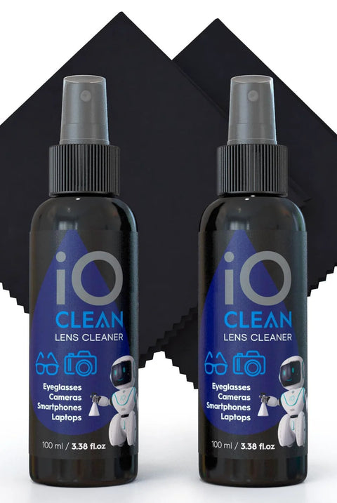 Front view of two io CLEAN eyeglass lens cleaner spray bottles (100 ml each) with two microfiber cloths.