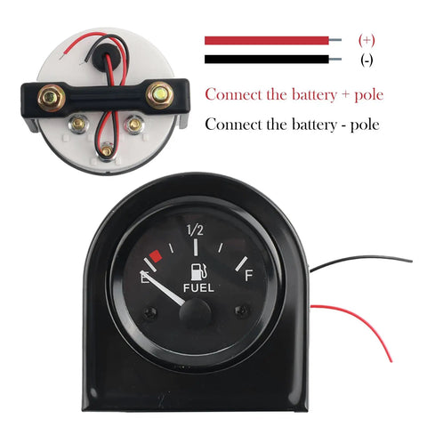 Two Inch 12V Fuel Gauge Kit With Nut And Bracket 240 to 33 Ohm Boat Gauge shown with wiring instructions and back view